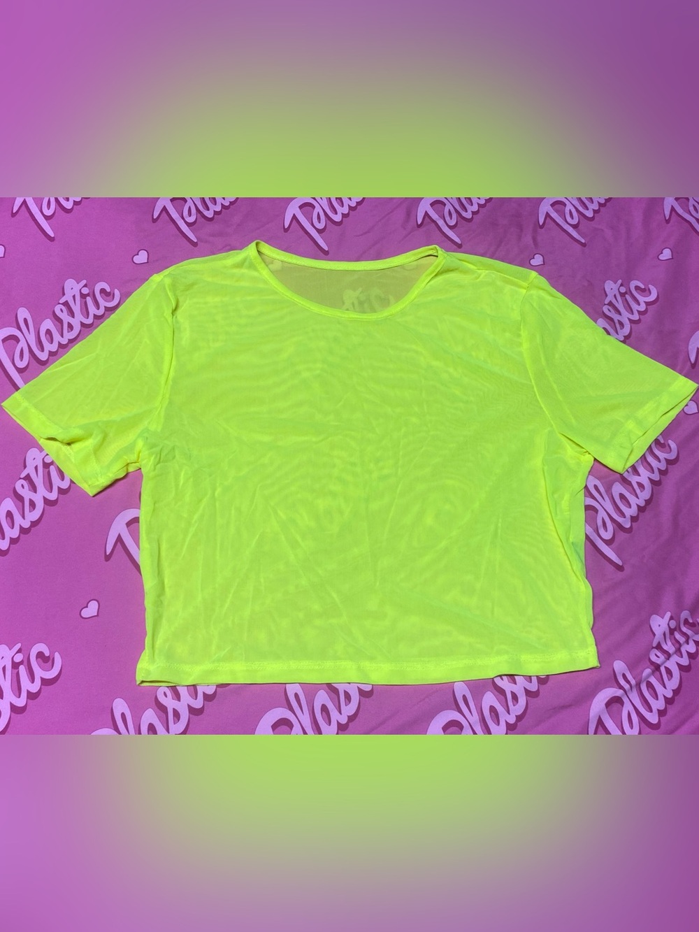 NWOT SHEIN Neon Yellow Green Mesh Crop Top See Through Cover Sheer Shirt Tee